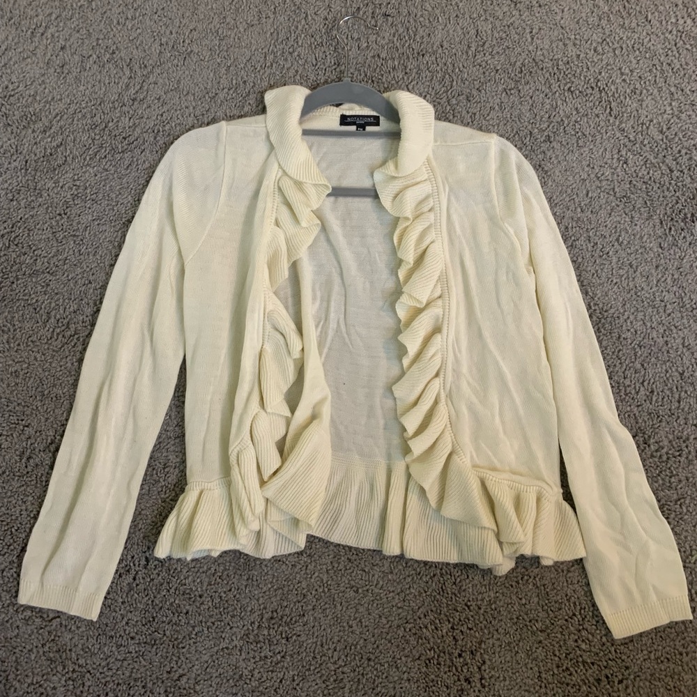 NOTATIONS PETITE-Size Petite M-White Knit Ruffle Sweater Cardigan-Like New